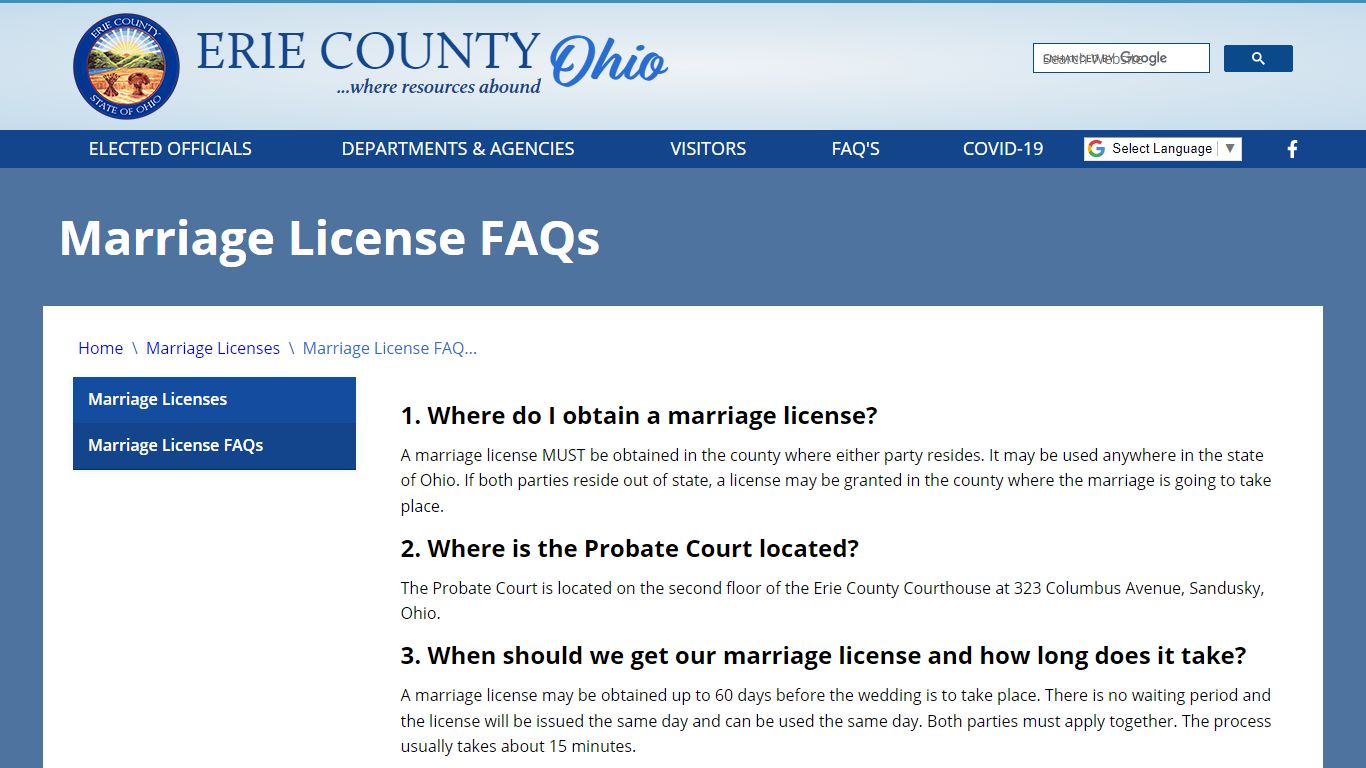 Marriage License FAQs - Erie County, Ohio