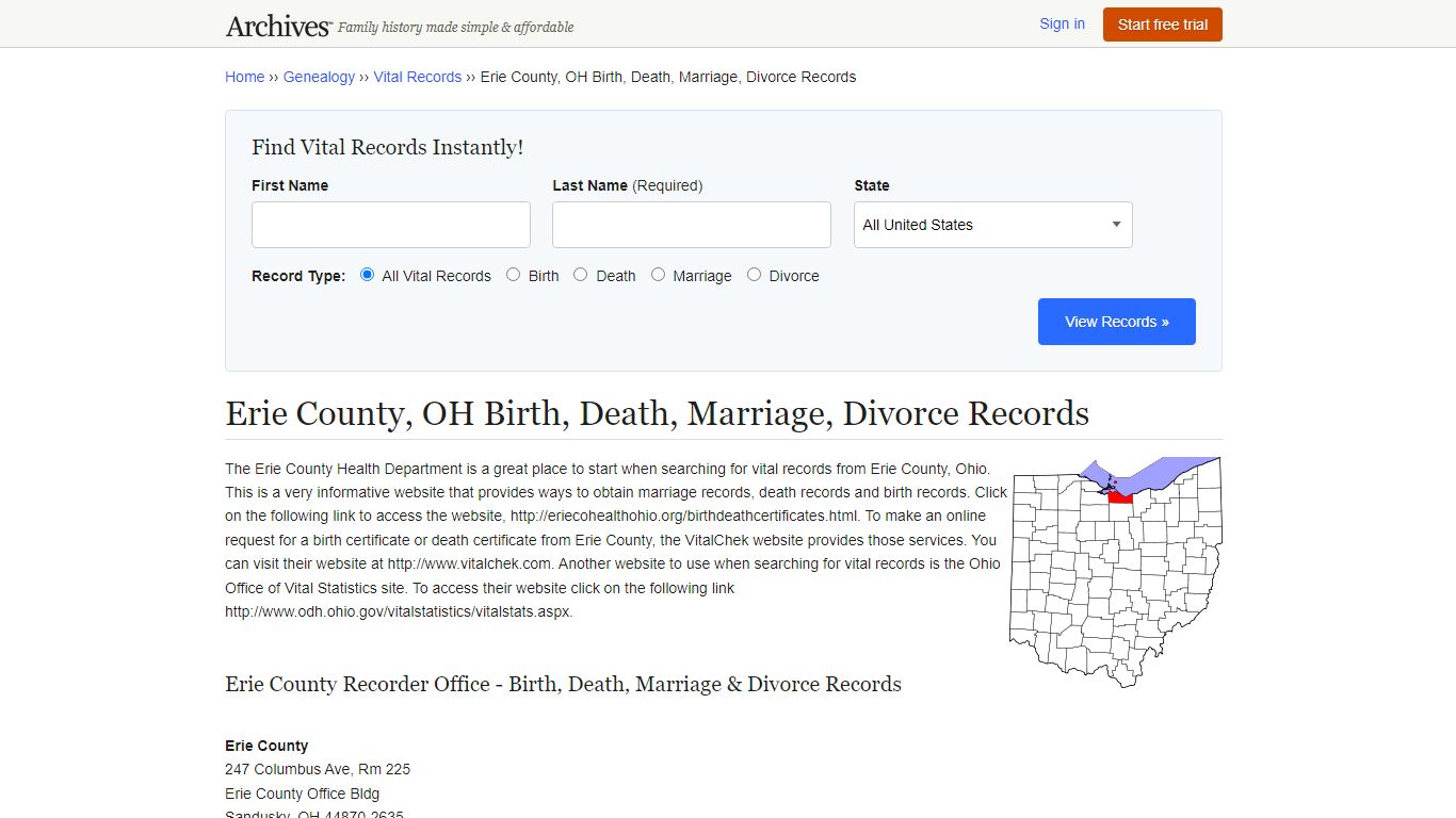 Erie County, OH Birth, Death, Marriage, Divorce Records